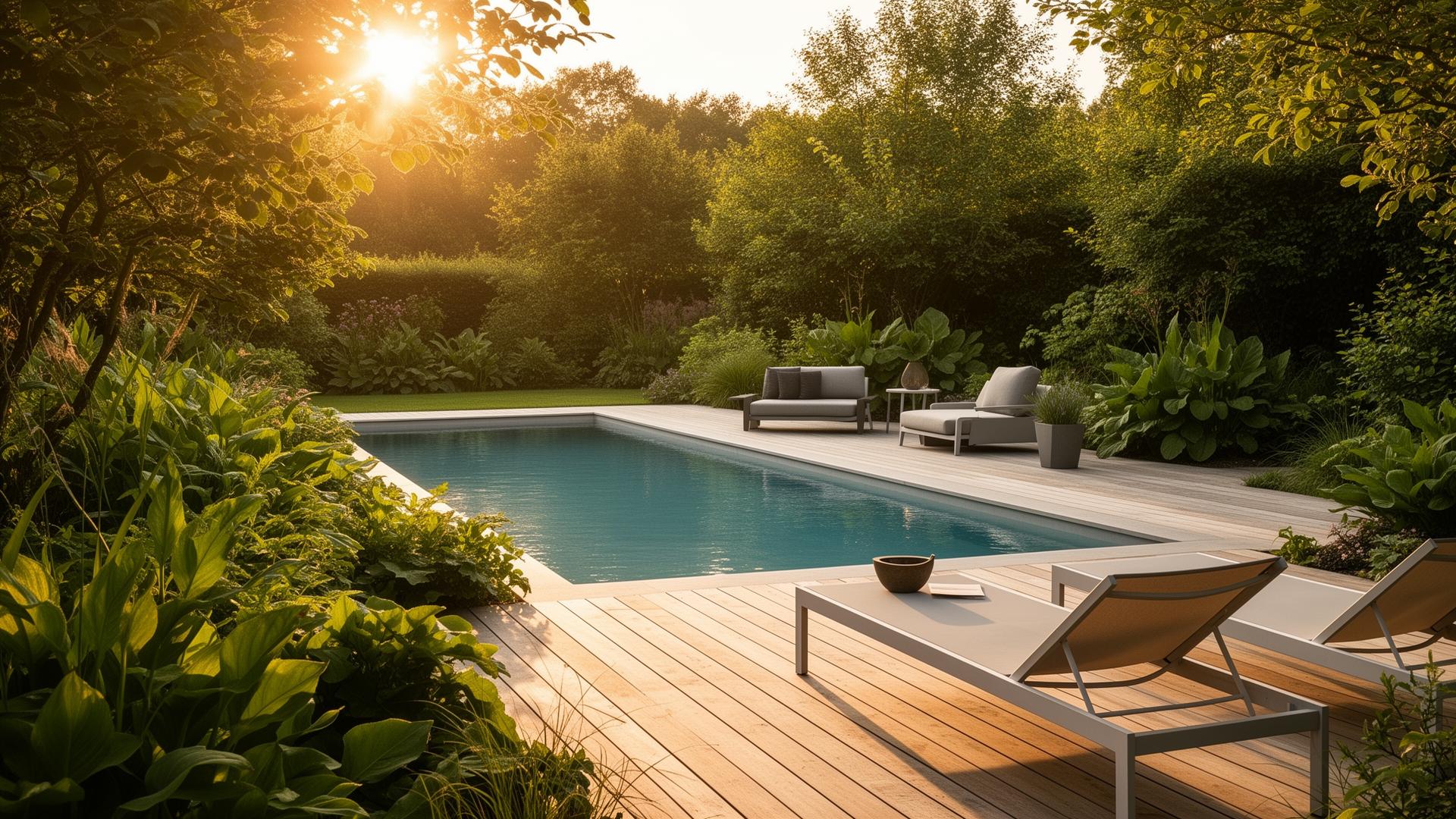 Trädgård med pool i sommarljus