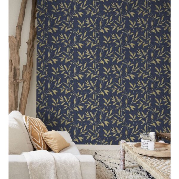 DUTCH WALLCOVERINGS Tapet Leafs blå och guld