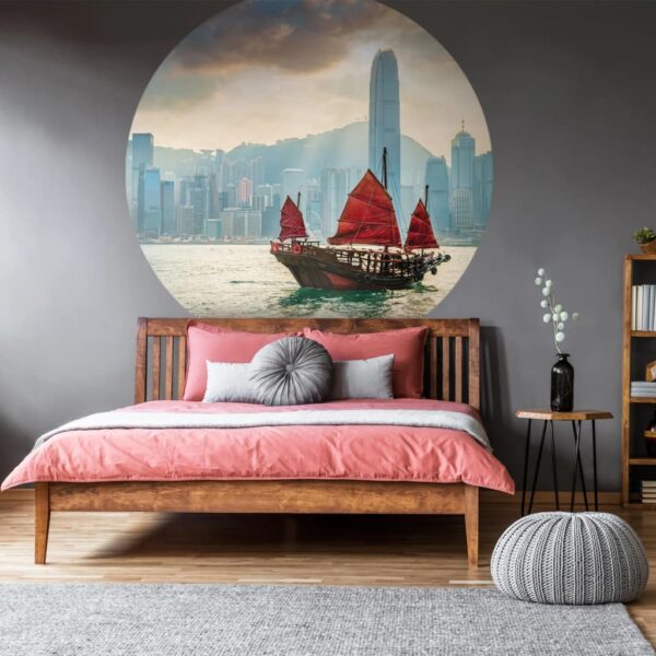 WallArt Tapet cirkelformad Skyline with Junk Boat 190 cm - Bild 3