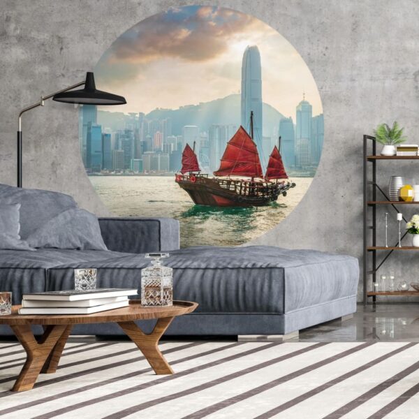 WallArt Tapet cirkelformad Skyline with Junk Boat 190 cm - Bild 4