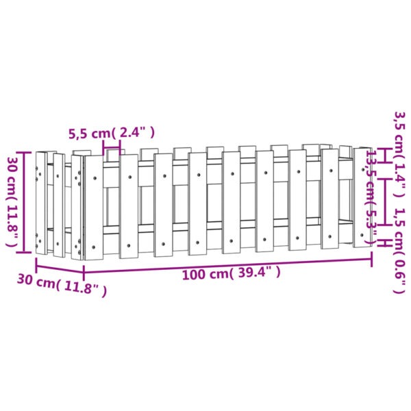 Odlingslåda med staket-design vit 100x30x30 cm massiv furu - Bild 9