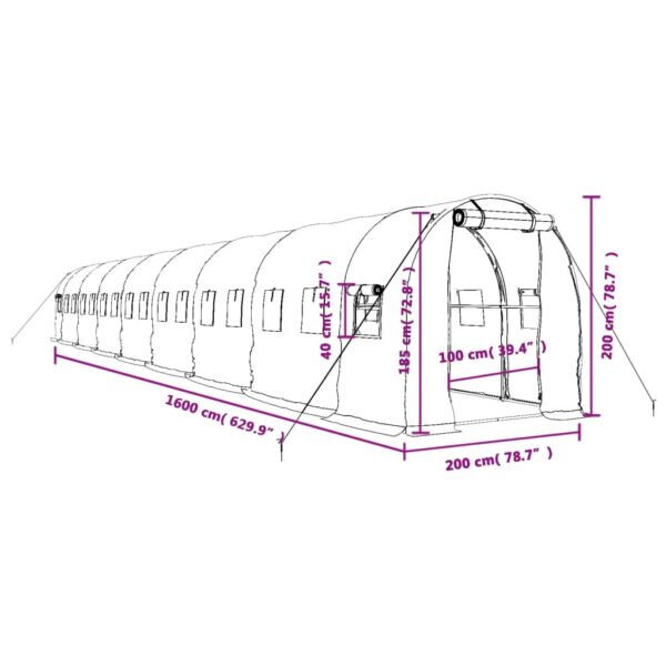 Växthus med stålram grön 32 m² 16x2x2 m - Bild 12