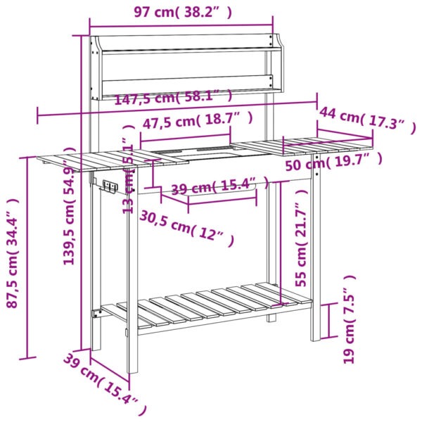 Odlingsbänk med vask 110,5x45x124,5 cm massivt granträ - Bild 12